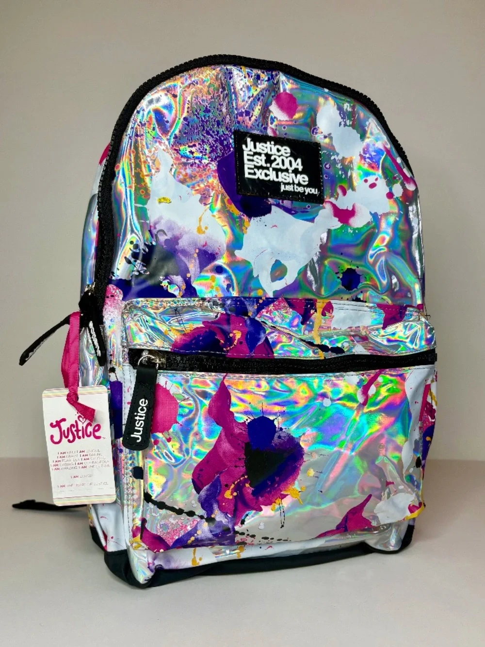 Justice Girls Holographic Paint Splatter Backpack NWT